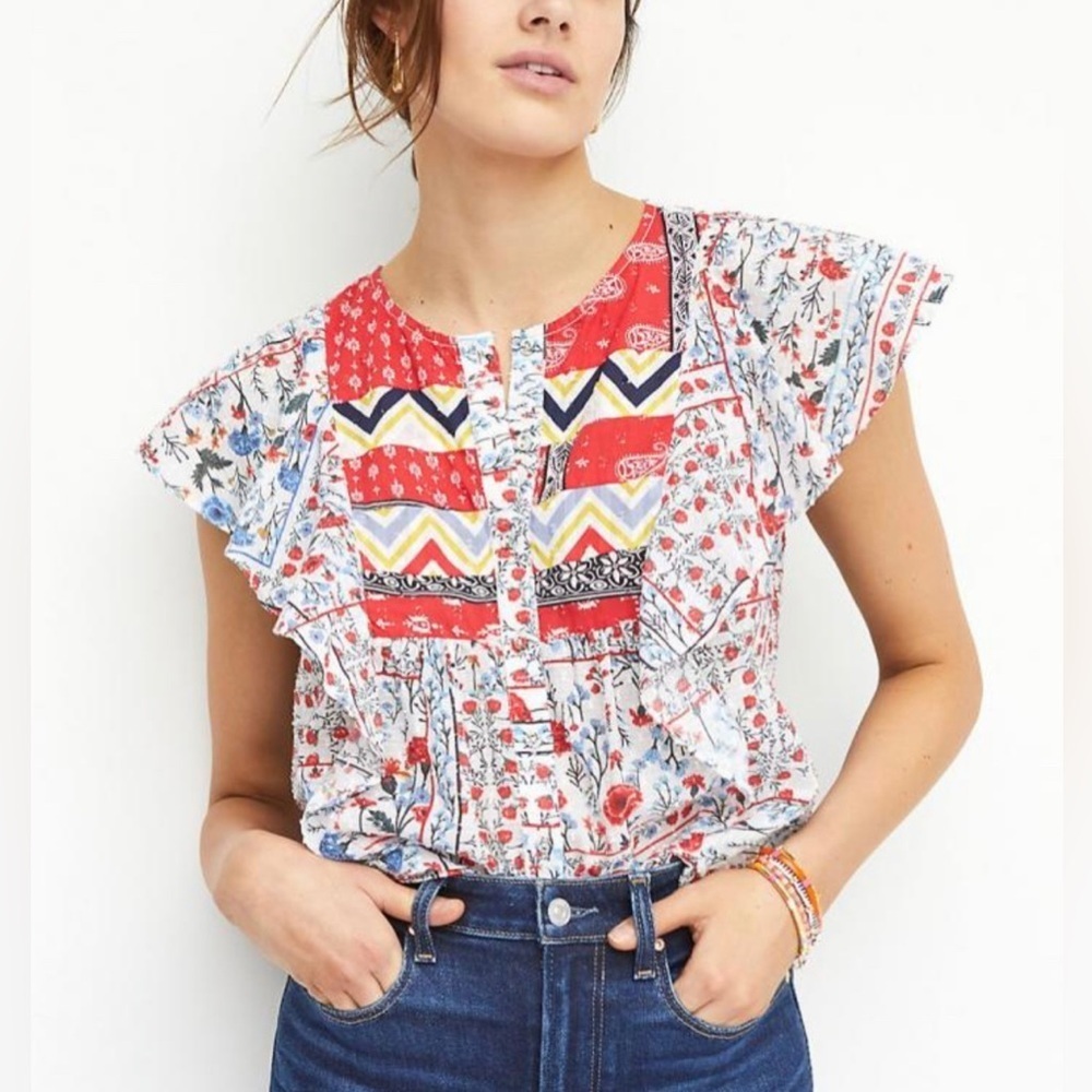 Anthropologie Let Me Be patchwork floral flutter sleeve Swiss dot button down